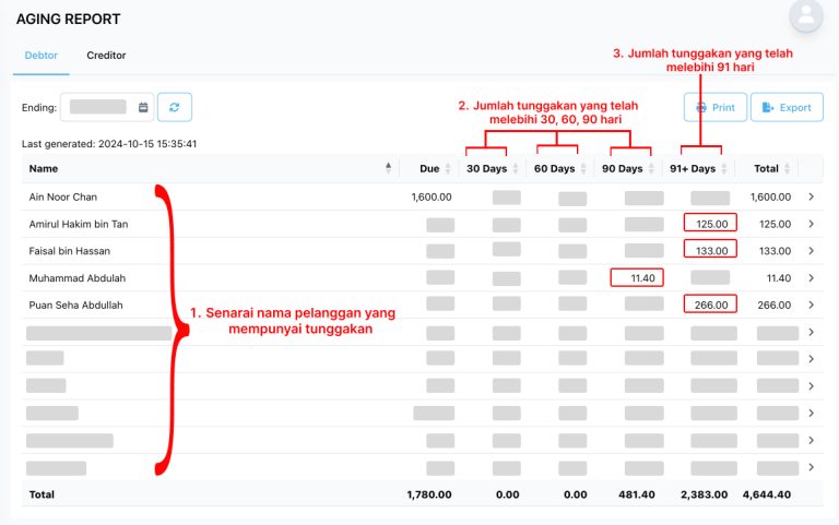 Aging report from NiagaPlus for monitoring and managing customer deb