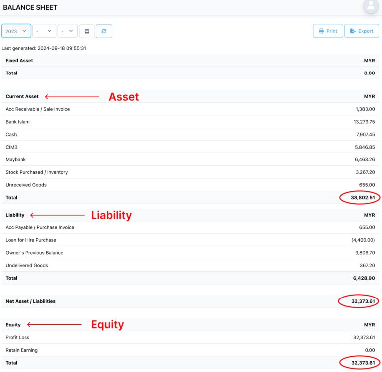 Screenshot of the Balance Sheet report from NiagaPlus for easy financial overview