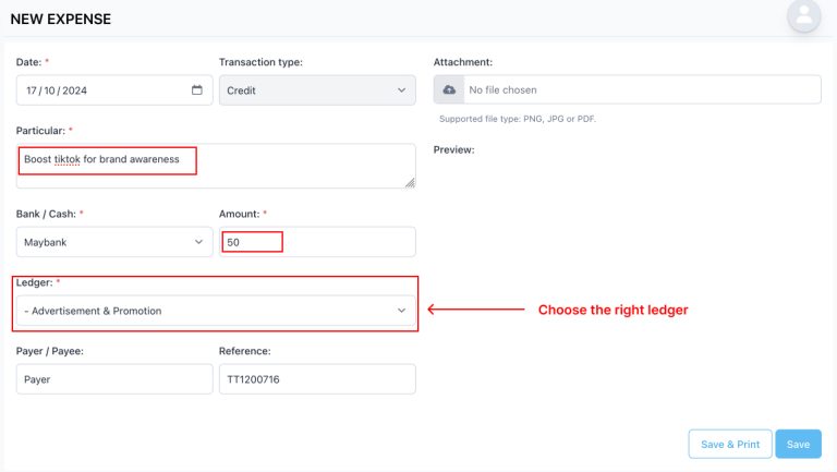 Screenshot of recording operational expenses under the marketing ledger.