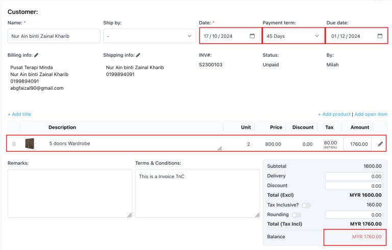 Screenshot of sale invoice entry to record business income for P&L statement