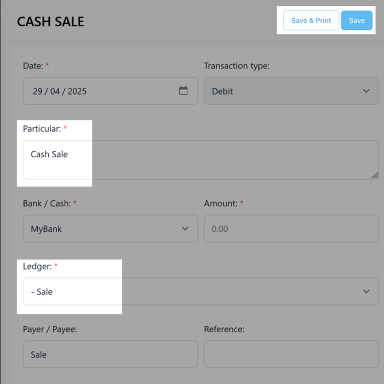 Example of a cash sales receipt created in NiagaPlus