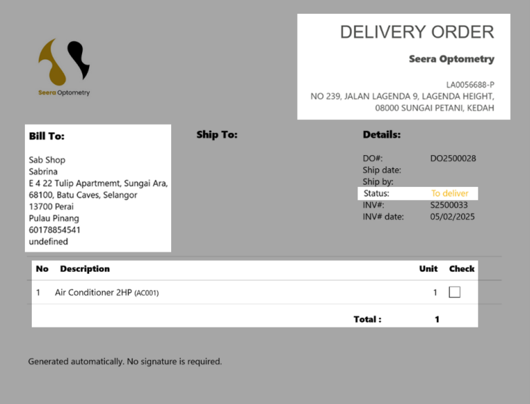 Delivery order document generated through NiagaPlus accounting software.