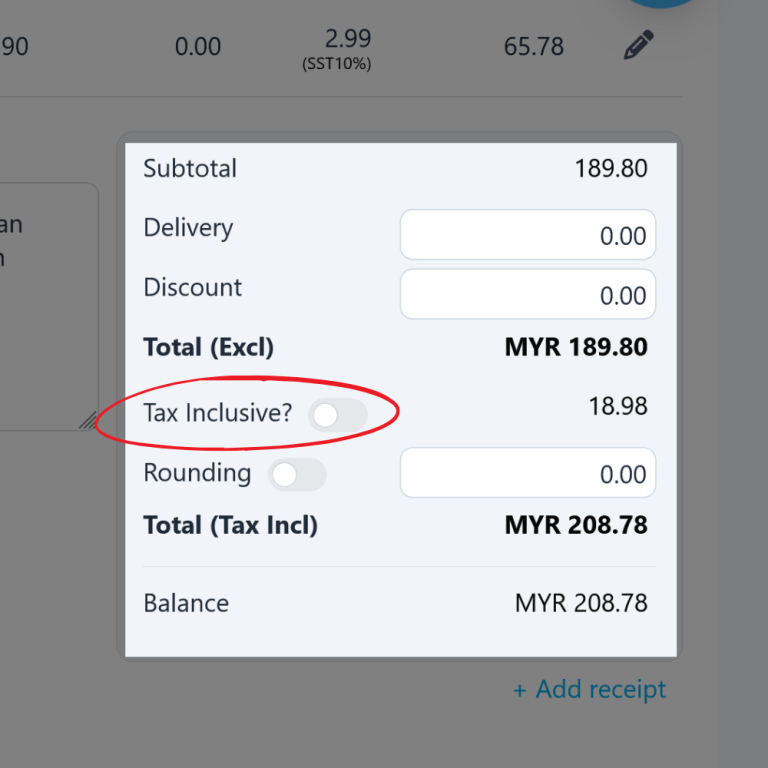 Invoice creation interface in NiagaPlus displaying automatic SST calculation based on tax codes.