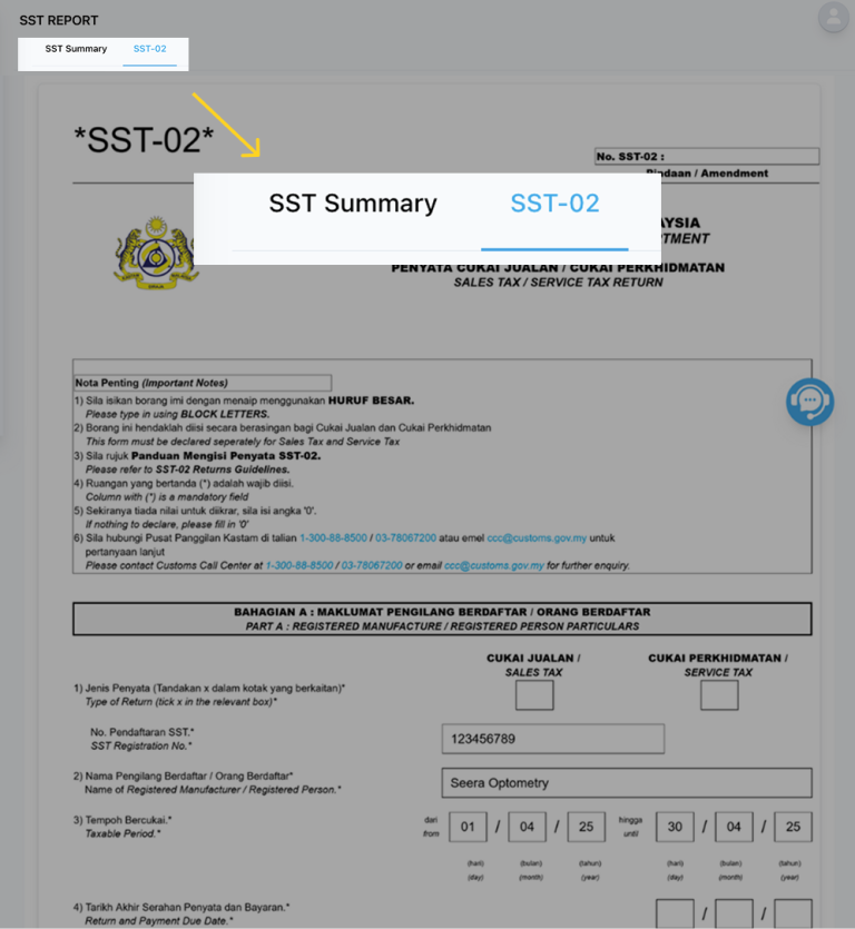 SST-02 tax return form generated by NiagaPlus accounting software for Malaysian tax submission.