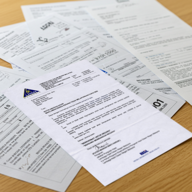 Messy SST-02 report documents showing penalty notice from LHDN for incorrect SST form submission with RM3,000 fine.