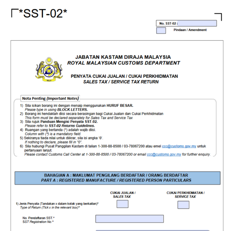 Sample SST-02 form used for Service Tax submission in Malaysia via MySST portal