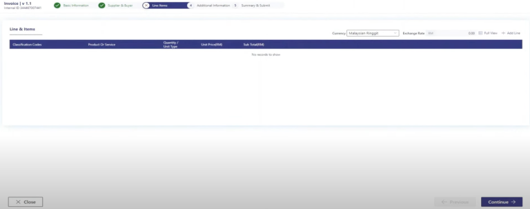 Screenshot of MyInvois Portal showing the “Add Line” button to include invoice details.