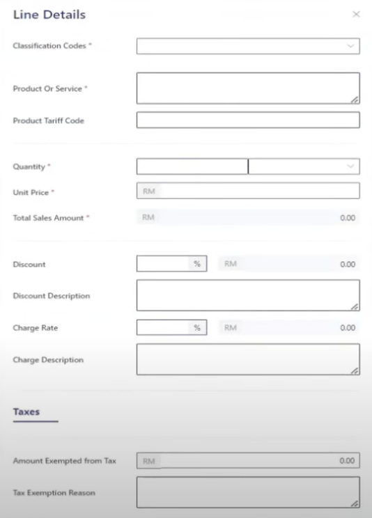 Screenshot of MyInvois Portal line details form with fields for product category, quantity, price, tax, and currency.