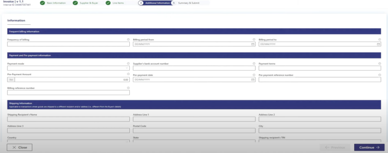 Screenshot of MyInvois Portal showing fields for additional information such as billing frequency, billing period, shipping details, and import/export information.