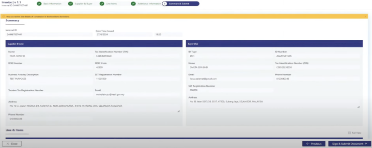 Screenshot of MyInvois Portal confirmation page showing invoice details ready for final review.
