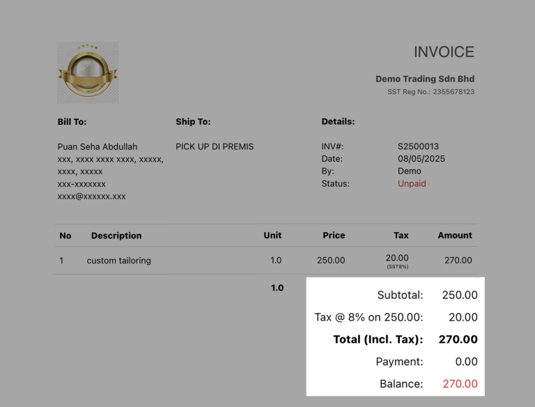NiagaPlus invoice showing 8% Service Tax on RM250 custom tailoring service, totaling RM270