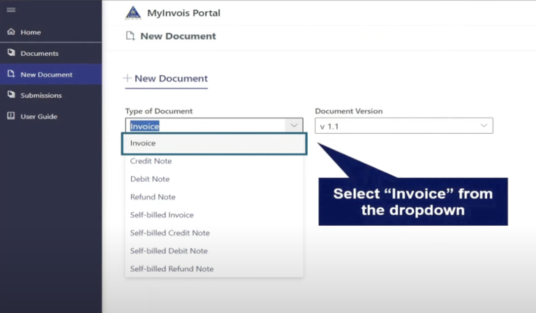 Screenshot of MyInvois Portal showing the left panel bar with the “New Document” option highlighted.