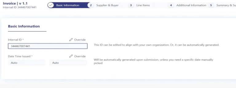 Screenshot of MyInvois Portal form showing fields to fill in basic e-Invoice information.