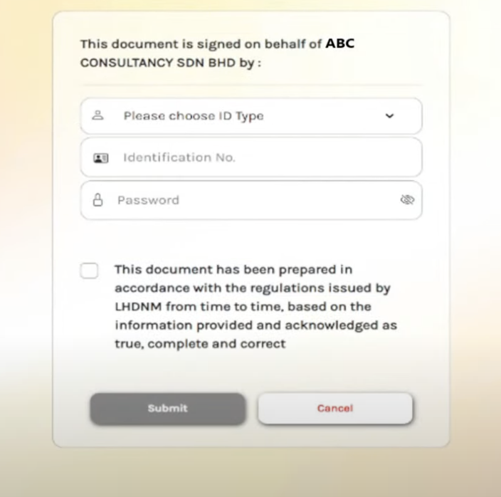 Screenshot of MyInvois Portal document signing page where user enters Identification Number and password to authorize the e-Invoice.