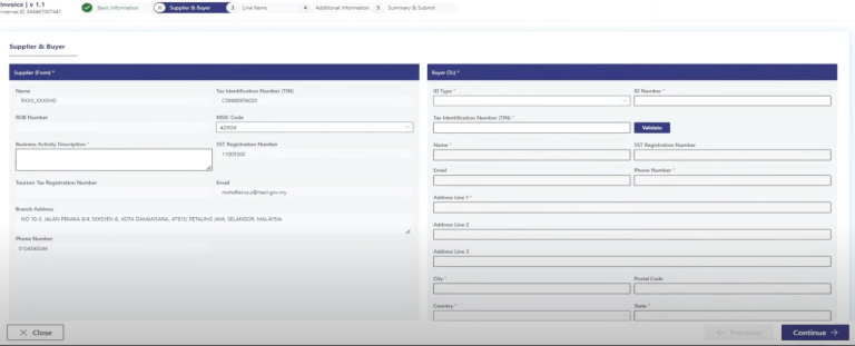 Screenshot of MyInvois Portal displaying the form to enter supplier and buyer details for the e-Invoice.