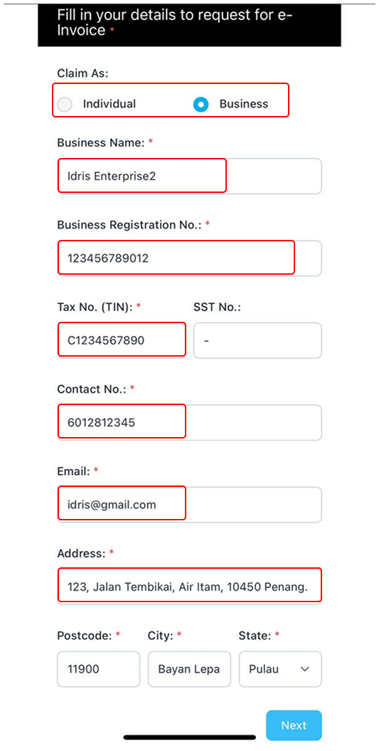 e-Invoice request form on NiagaPlus showing fields for name, TIN, and email