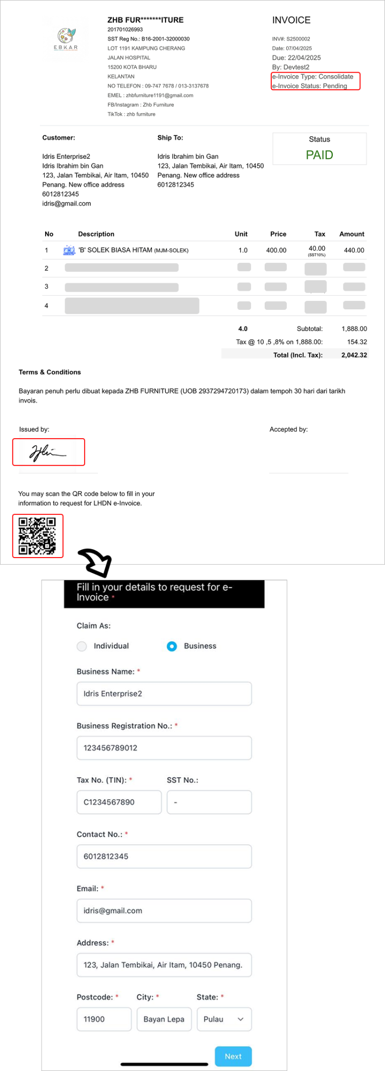 Printed invoice from NiagaPlus showing a QR code at the bottom, leading to an online invoice and e-Invoice request form