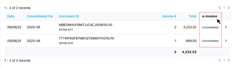 List view of unconsolidated invoices in NiagaPlus showing invoice numbers, dates, and amounts