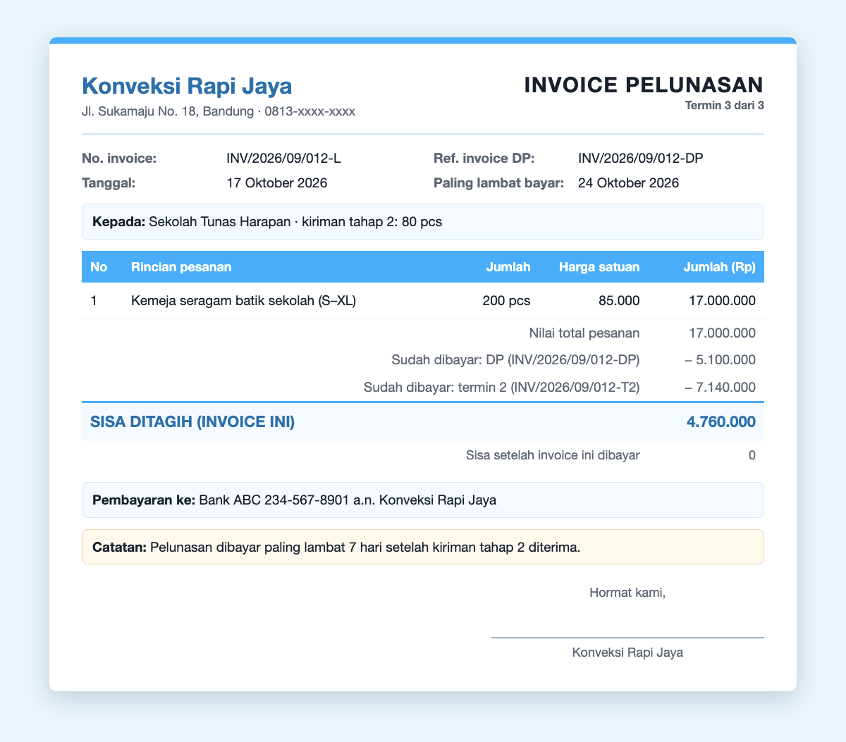 Contoh invoice pelunasan termin 3: INV/2026/09/012-L, total 17.000.000, sudah dibayar DP 5.100.000 dan termin 2 7.140.000, sisa ditagih 4.760.000