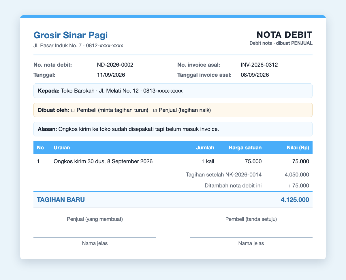 Contoh nota debit dari penjual: Grosir Sinar Pagi ke Toko Barokah, ND-2026-0002, ongkos kirim 75.000 yang belum ditagih, tagihan naik dari 4.050.000 menjadi 4.125.000