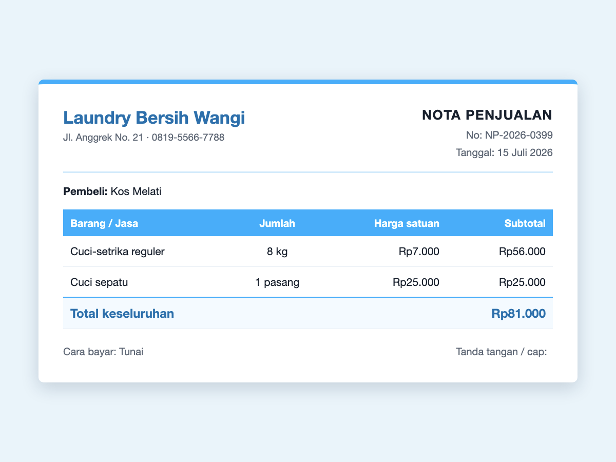 Contoh nota penjualan jasa laundry — nota layanan cuci-setrika senilai Rp81.000