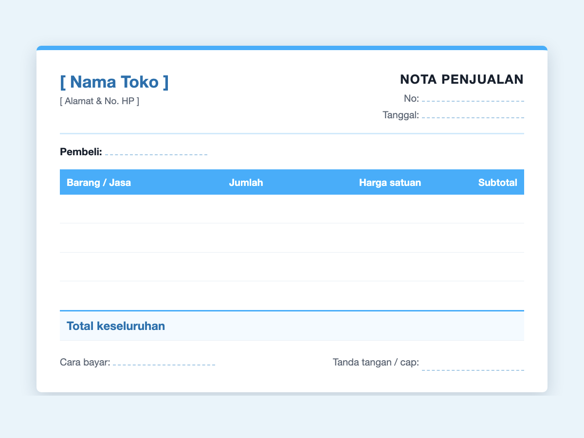 Nota penjualan kosong siap cetak — template nota dengan kolom barang, jumlah, harga satuan, subtotal dan total keseluruhan
