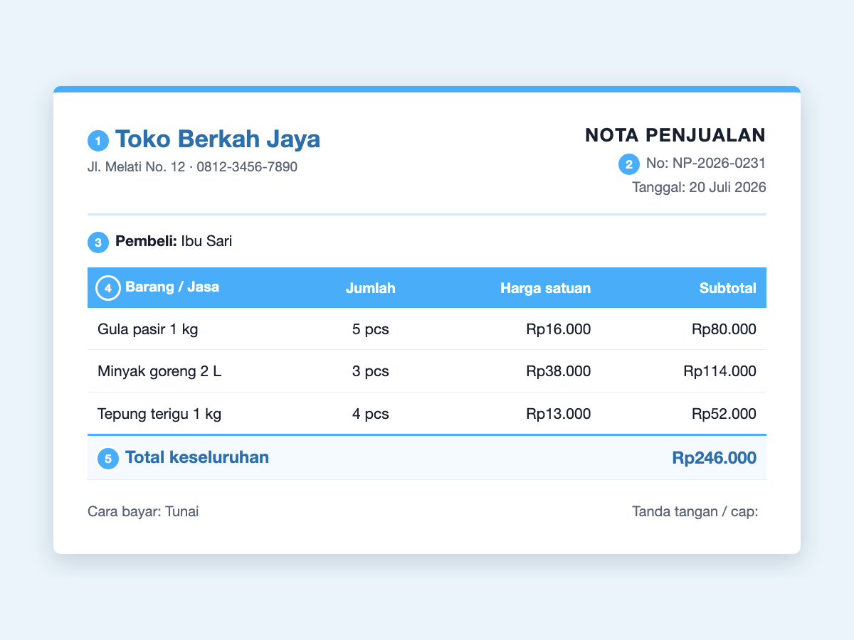Contoh nota penjualan terisi dengan nomor urut field — nomor nota, tanggal, pembeli, rincian barang dan total keseluruhan ditandai satu per satu