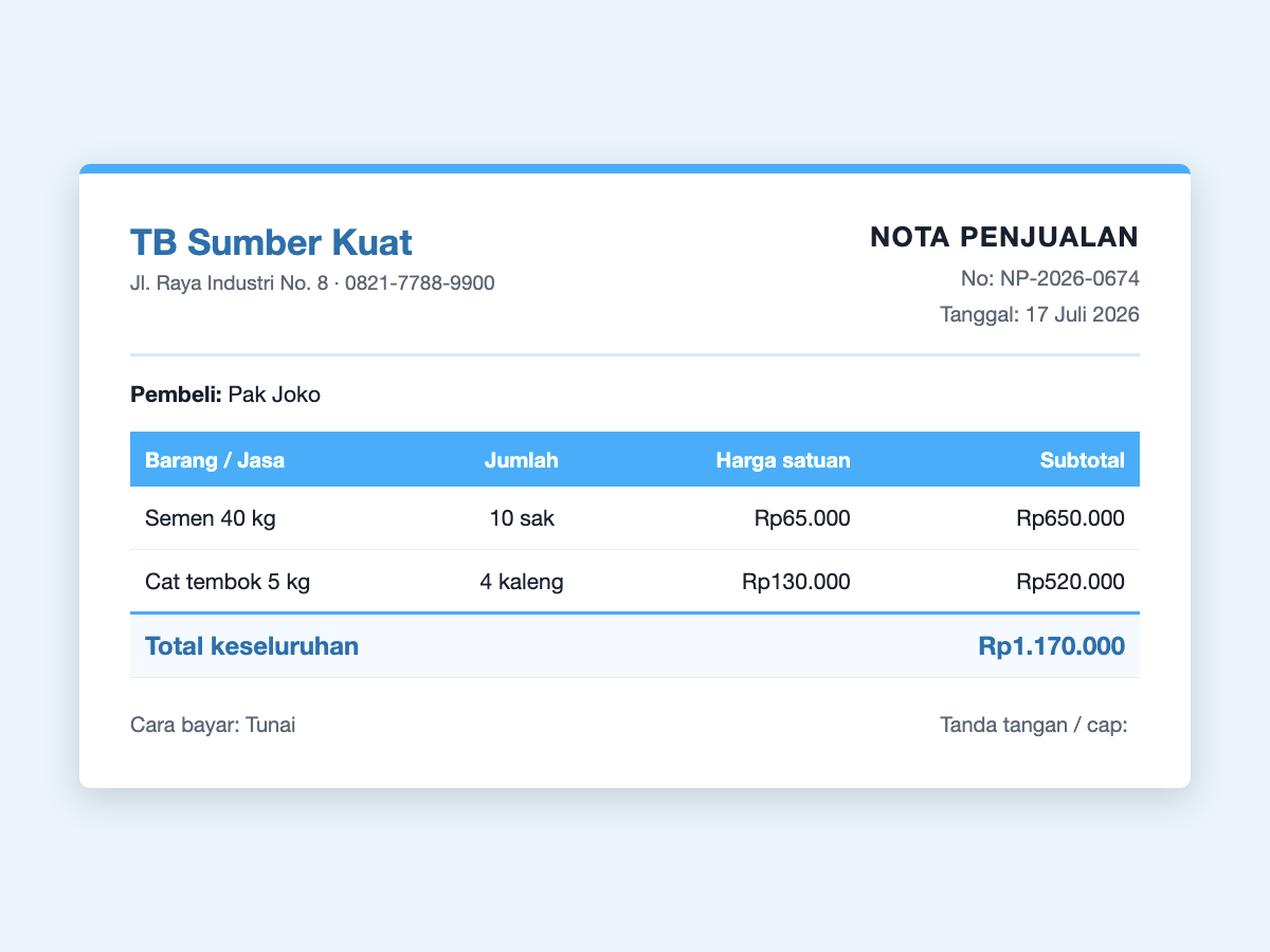 Contoh nota penjualan toko bangunan — penjualan semen dan cat senilai Rp1.170.000