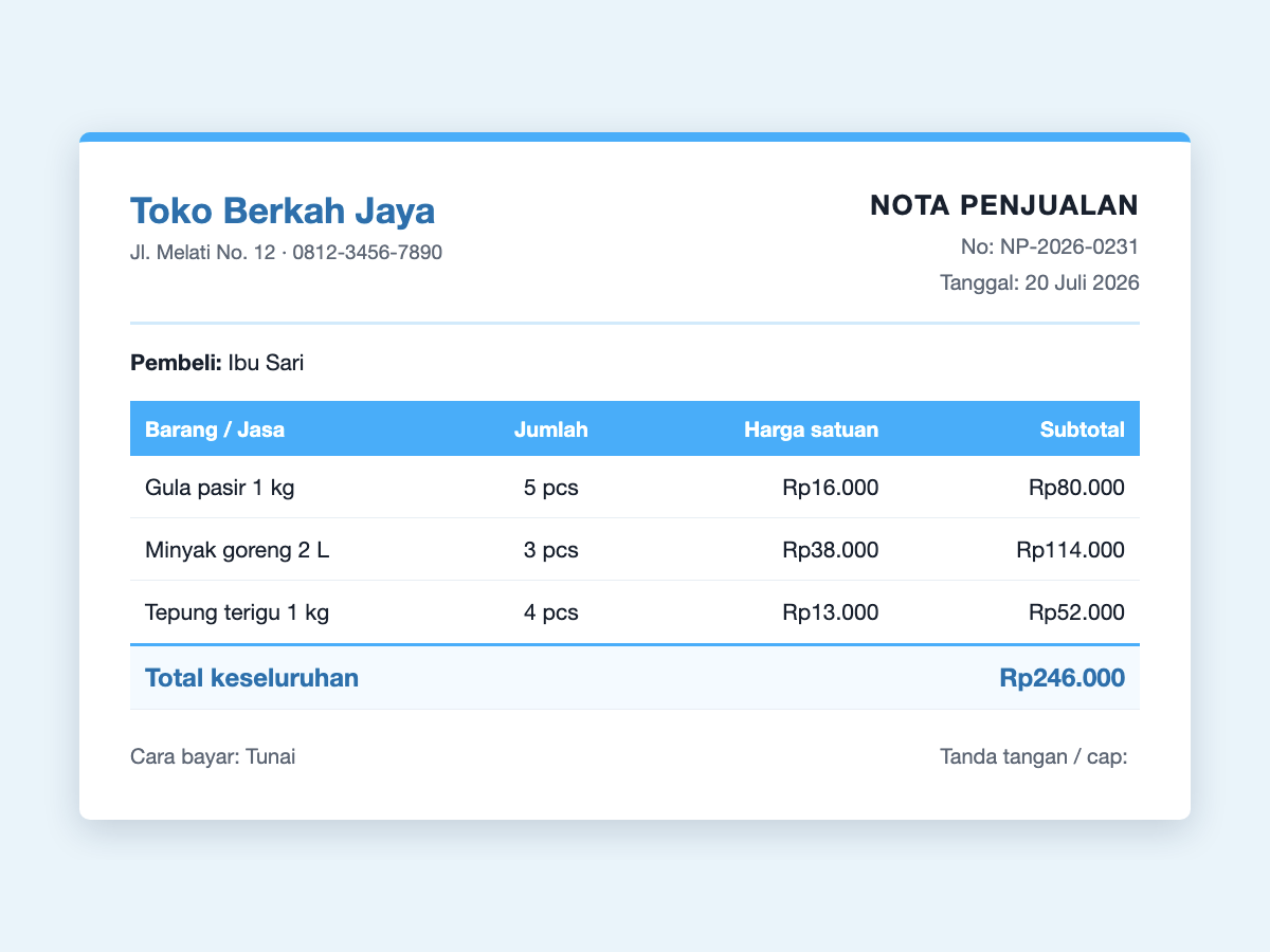 Contoh nota penjualan toko sembako — nota NP-2026-0231 dari Toko Berkah Jaya untuk Ibu Sari, total Rp246.000