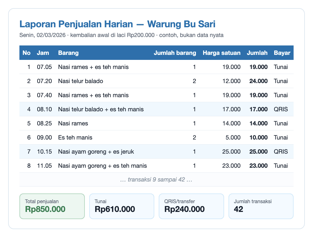 Contoh laporan penjualan harian Warung Bu Sari, Senin 2 Maret 2026, dalam bentuk lembar isian: kolom no, jam, barang, jumlah barang, harga satuan, jumlah, dan cara bayar. Delapan transaksi pertama terisi, lalu kotak ringkasan: total penjualan Rp850.000, tunai Rp610.000, QRIS atau transfer Rp240.000, dan 42 transaksi.