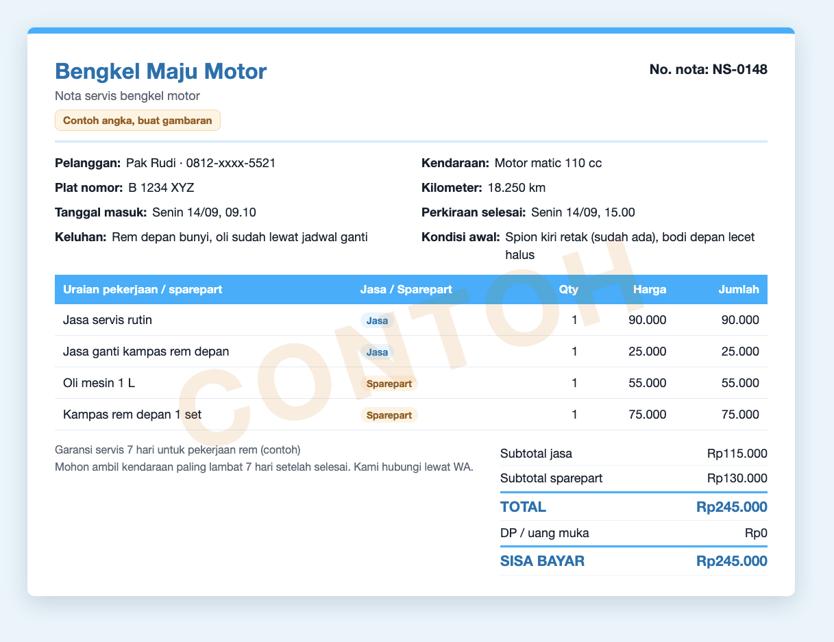 Contoh nota bengkel motor yang sudah diisi: plat nomor, kilometer, kondisi awal, jasa dan sparepart dipisah, total Rp245.000