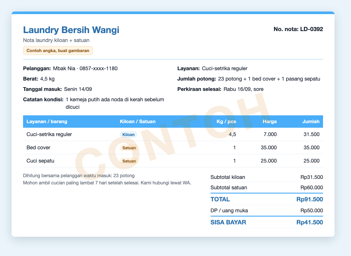 Contoh nota laundry kiloan dan satuan yang sudah diisi: 4,5 kg cuci-setrika, bed cover, sepatu, 23 potong, DP dan sisa bayar