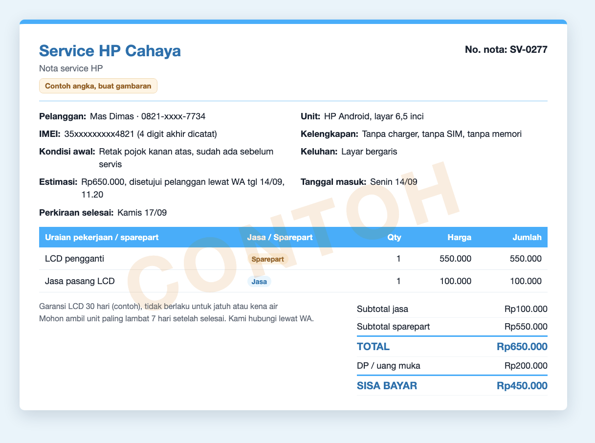 Contoh nota service HP yang sudah diisi: IMEI 4 digit akhir, kelengkapan, kondisi awal retak, estimasi disetujui lewat WA, LCD pengganti dan jasa pasang