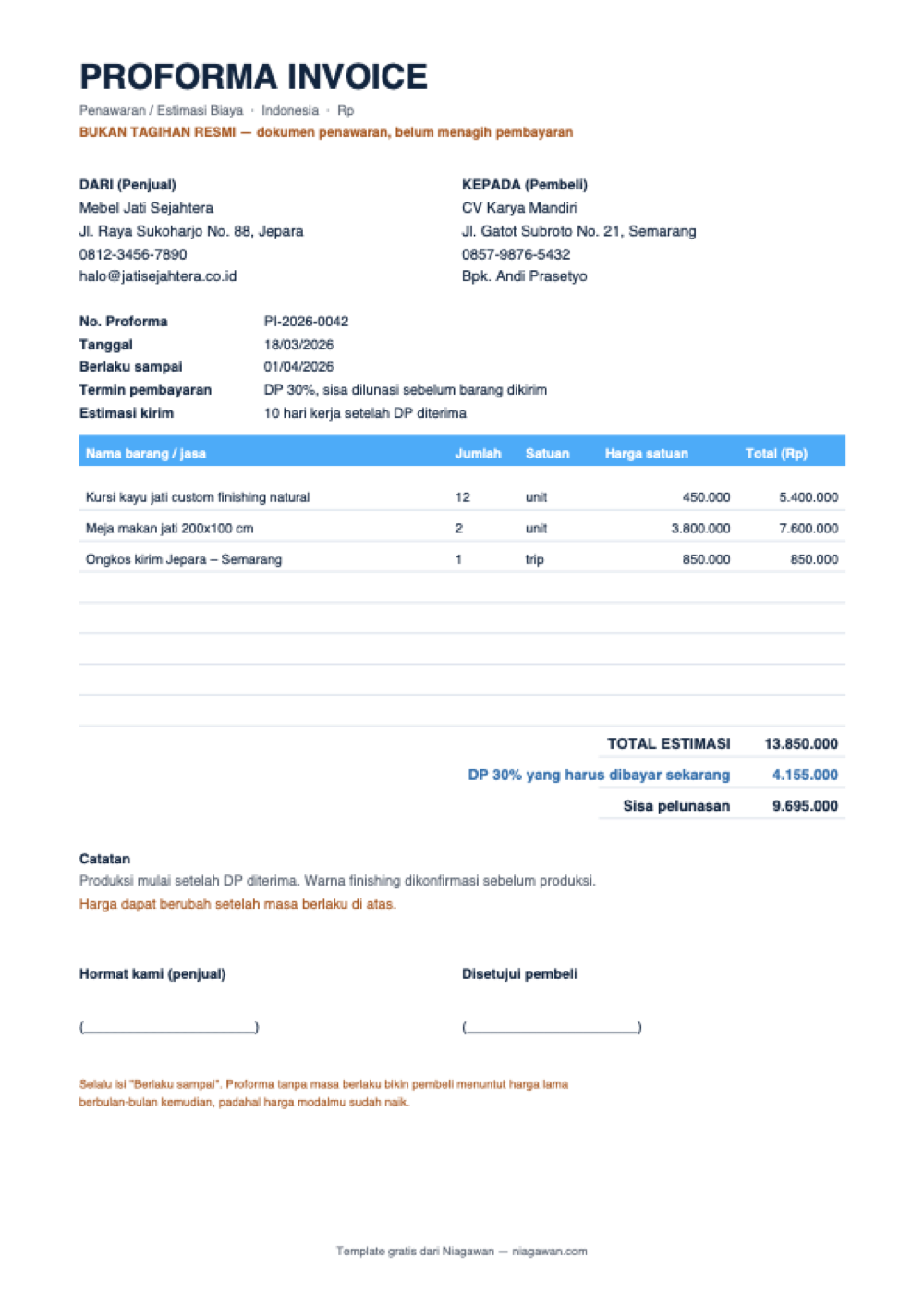 Contoh proforma invoice dengan DP 30 persen: total estimasi Rp 13.850.000, DP Rp 4.155.000, sisa pelunasan Rp 9.695.000.