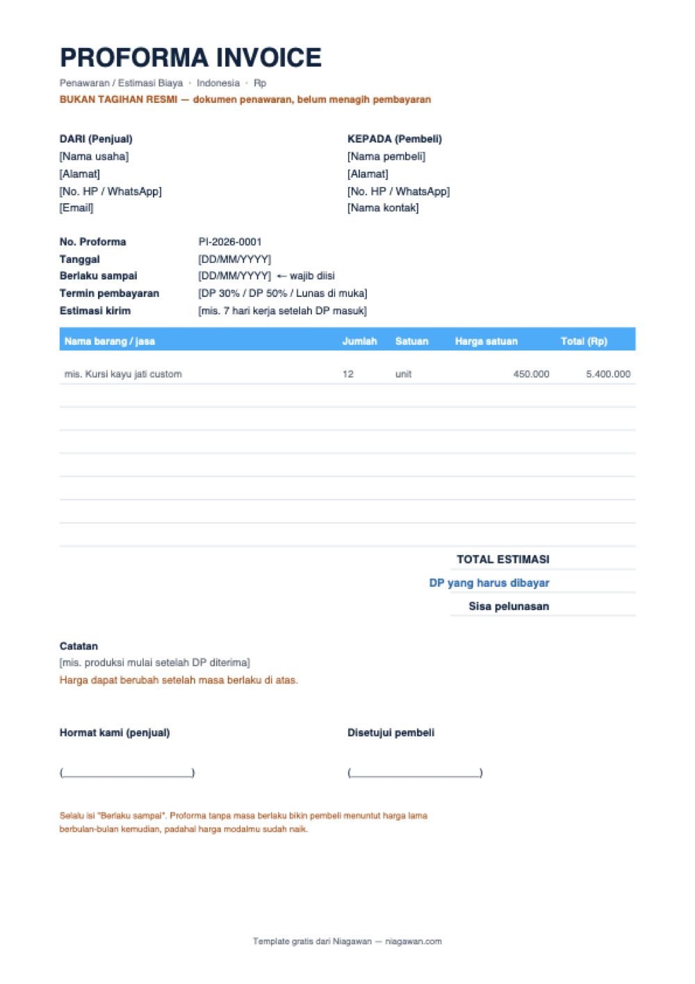 Template proforma invoice kosong siap diisi, lengkap dengan kolom berlaku sampai, termin pembayaran, estimasi kirim, DP, dan sisa pelunasan.