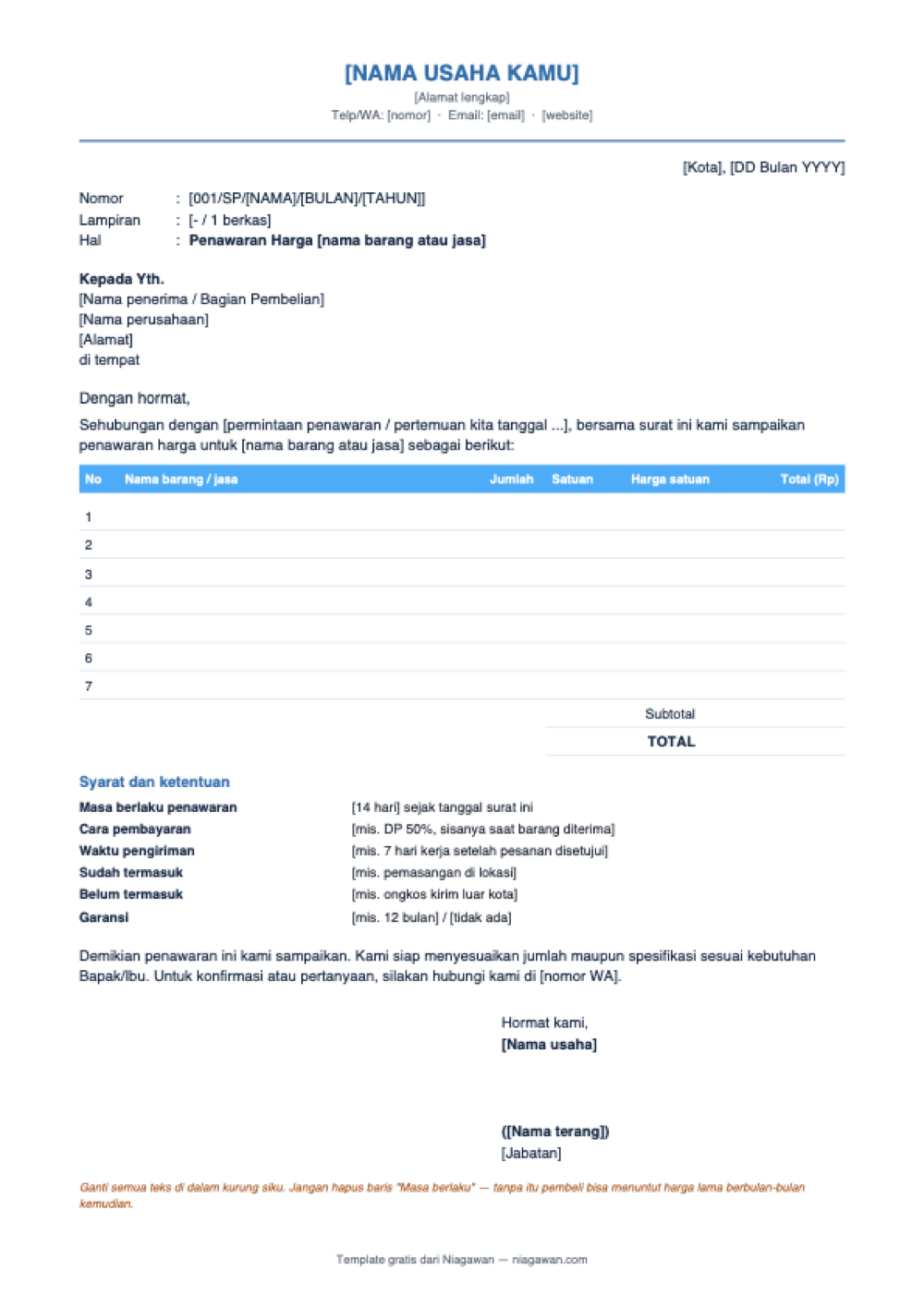Template surat penawaran kosong siap isi: kop surat, nomor, tujuan, tabel harga tujuh baris, syarat dan ketentuan, serta blok tanda tangan.