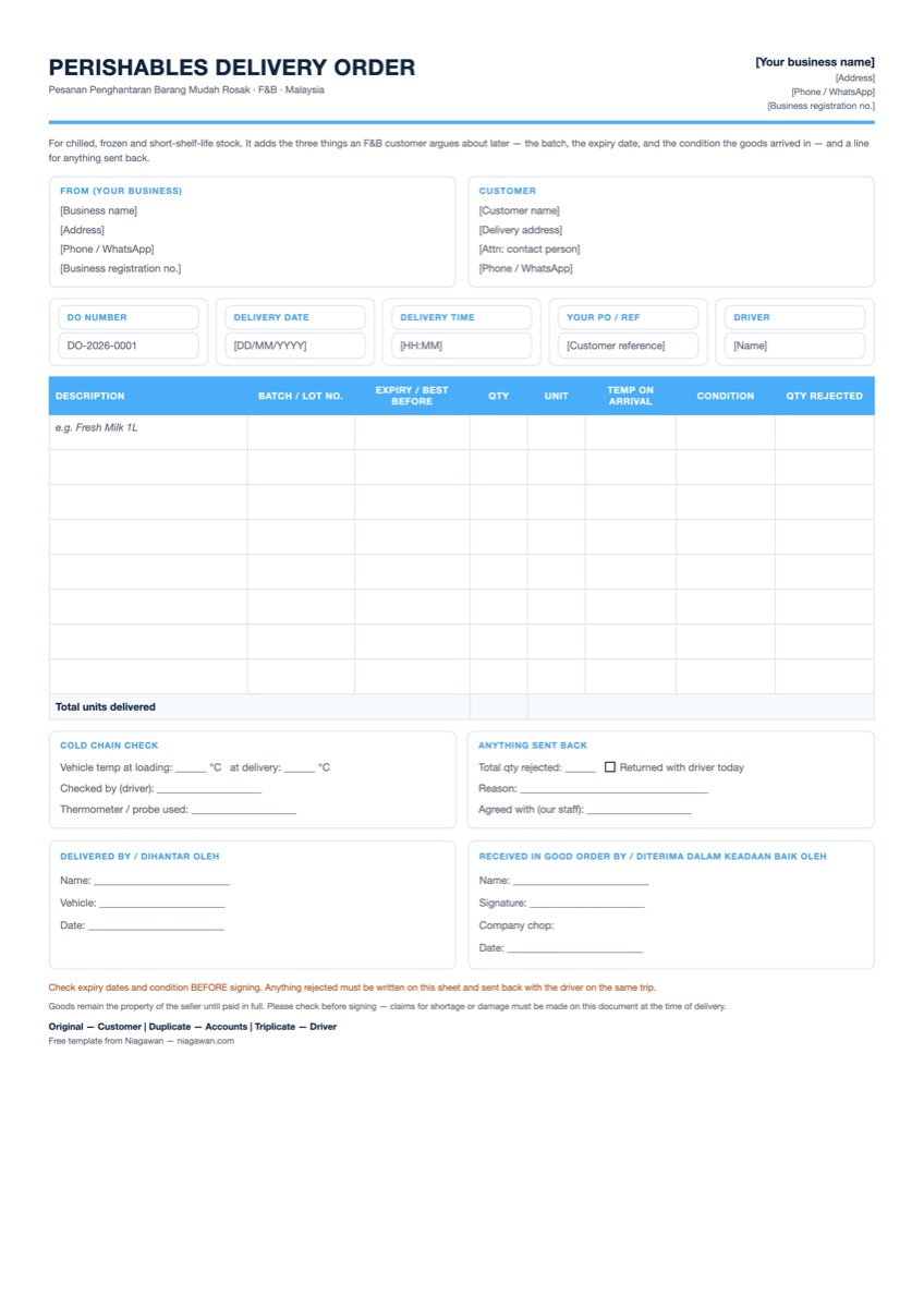 Perishables delivery order template for Malaysia with batch or lot number, expiry date, temperature on arrival, condition and quantity rejected columns, plus a cold chain check block for vehicle temperature