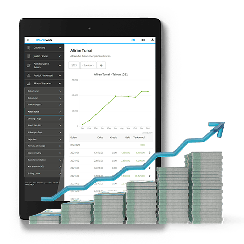 Niagawan cash-flow report: a chart of money in and out through the year plus a table of debit, credit and running balance — updated automatically from POS sales