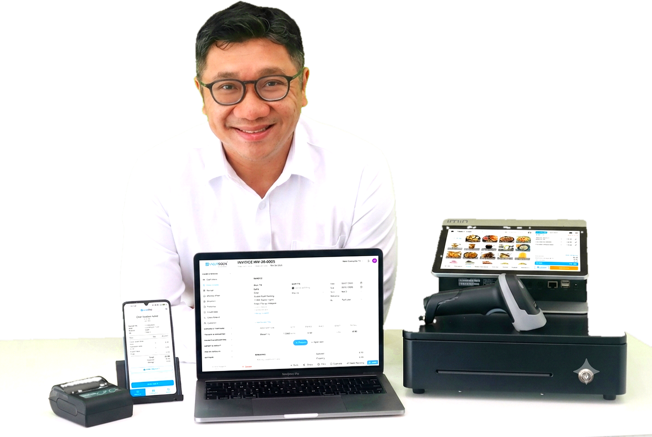 Niagawan Accounting & POS on a laptop and iMin terminal