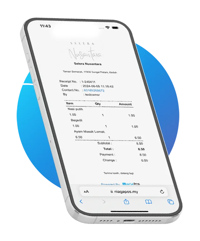 A digital receipt / e-invoice generated by the Niagawan POS on a phone, showing itemised lines, subtotal, total and payment
