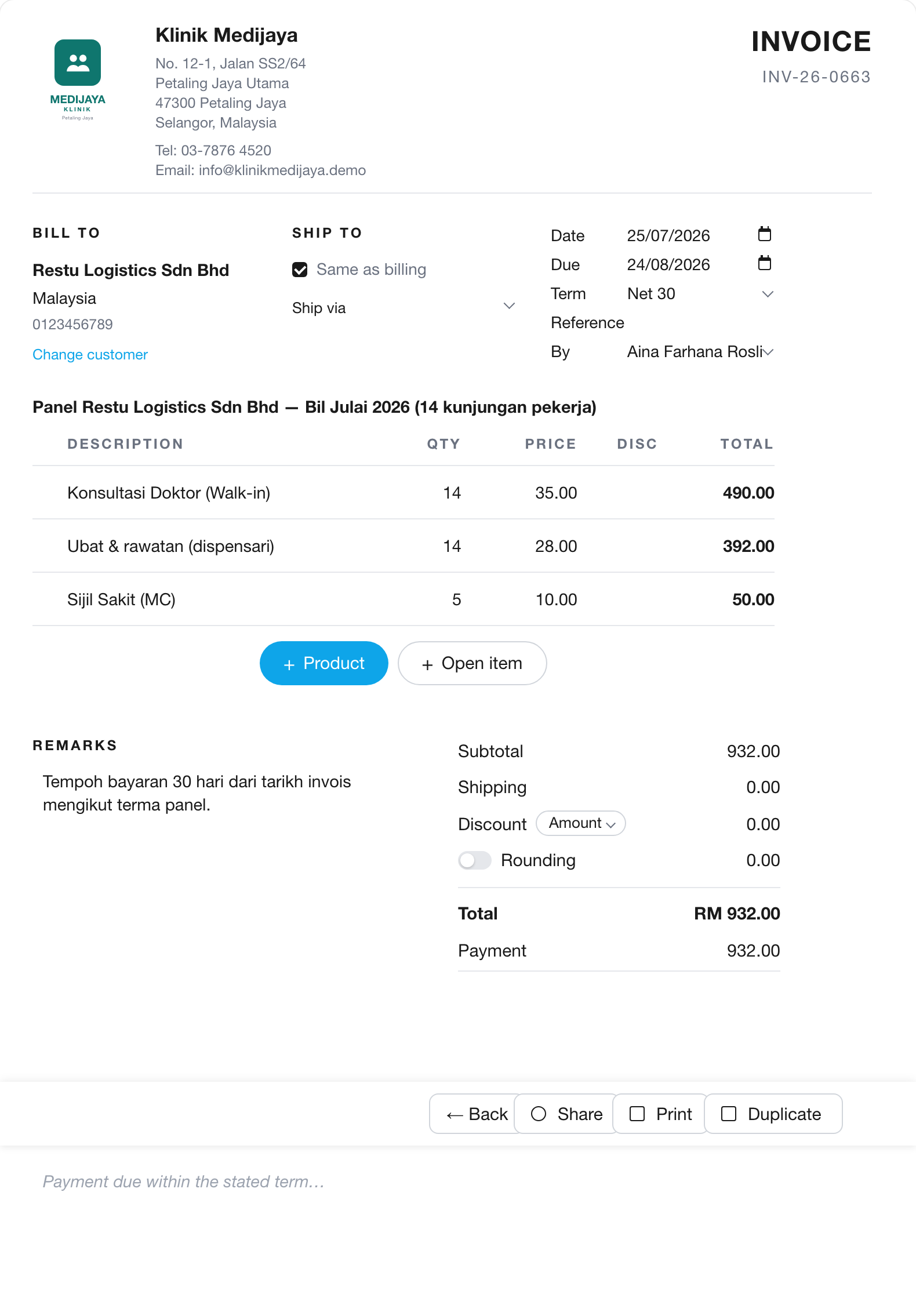Walk-ins pay on the spot, invoice automatic