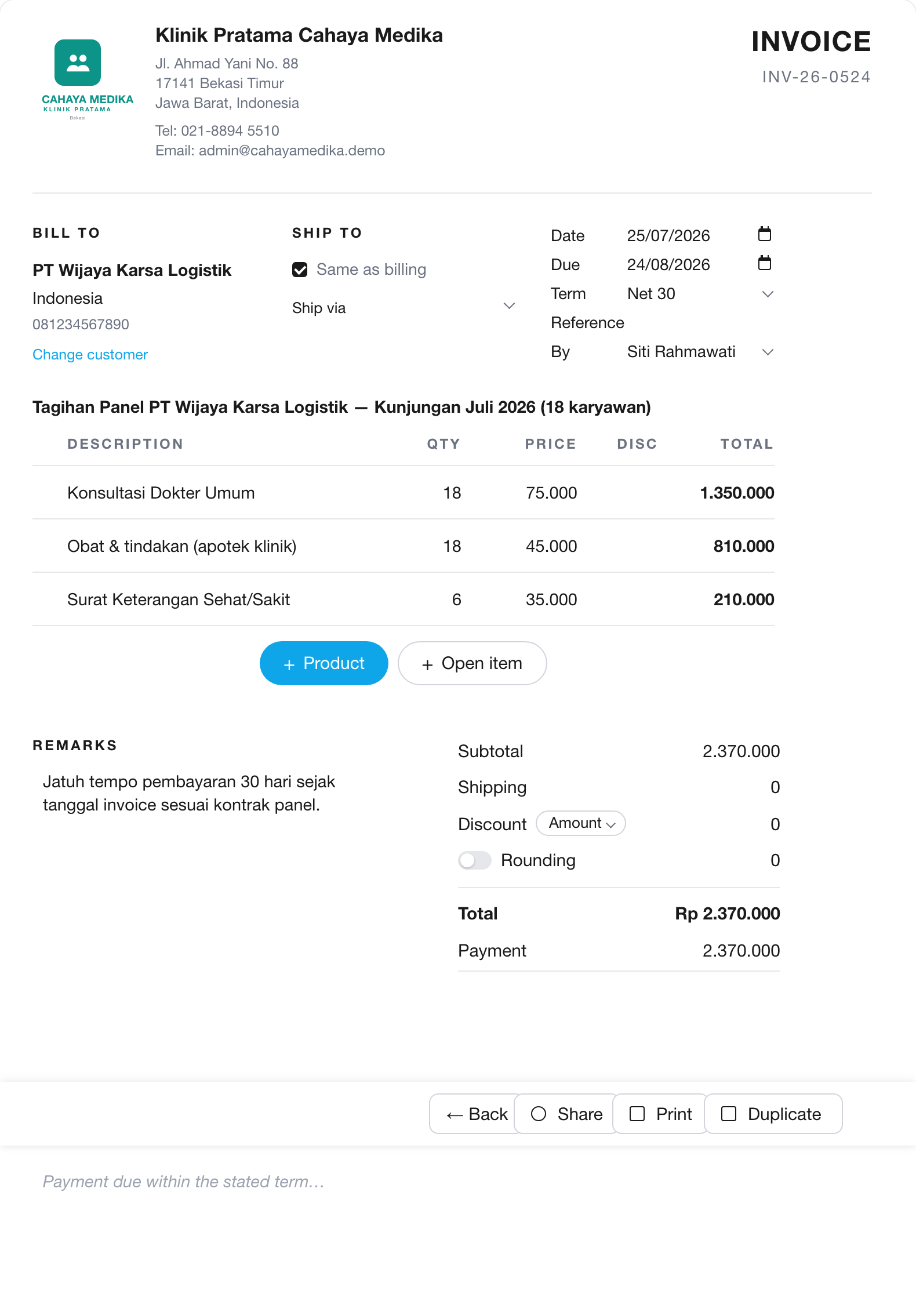 Walk-in bayar langsung, invoice otomatis