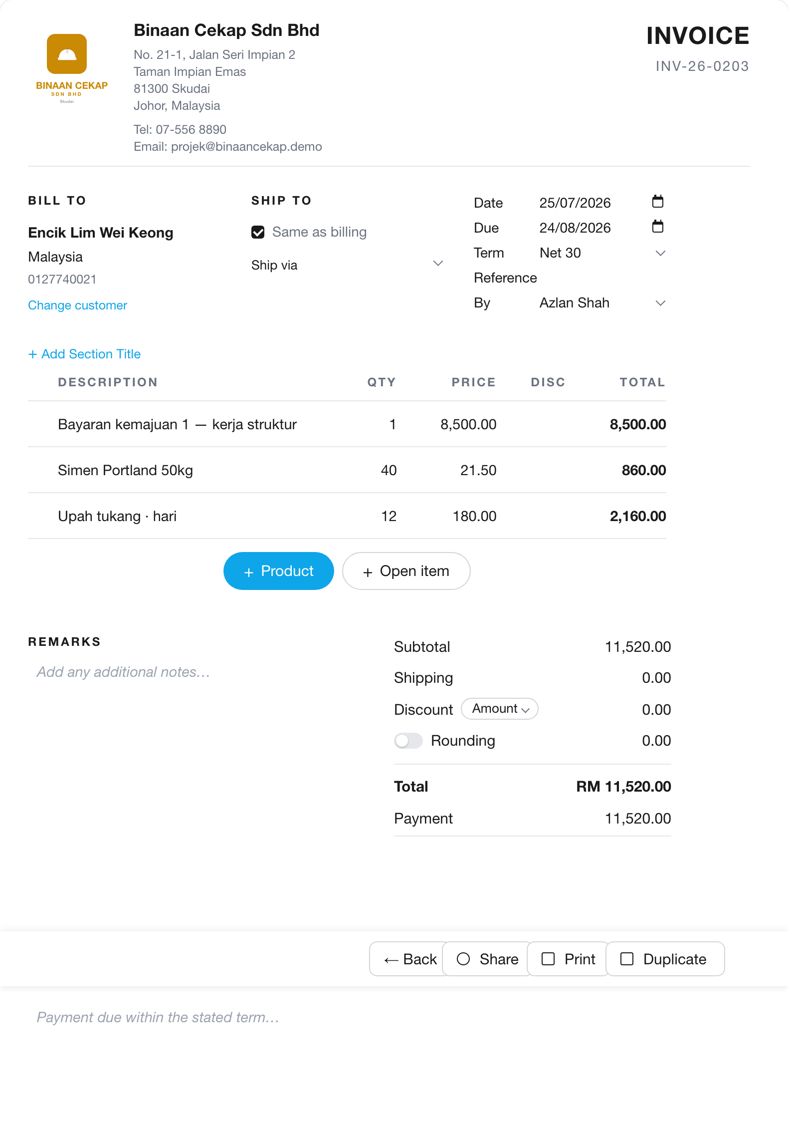 Quote wins, one tap turns it into an invoice — deposit recorded separately