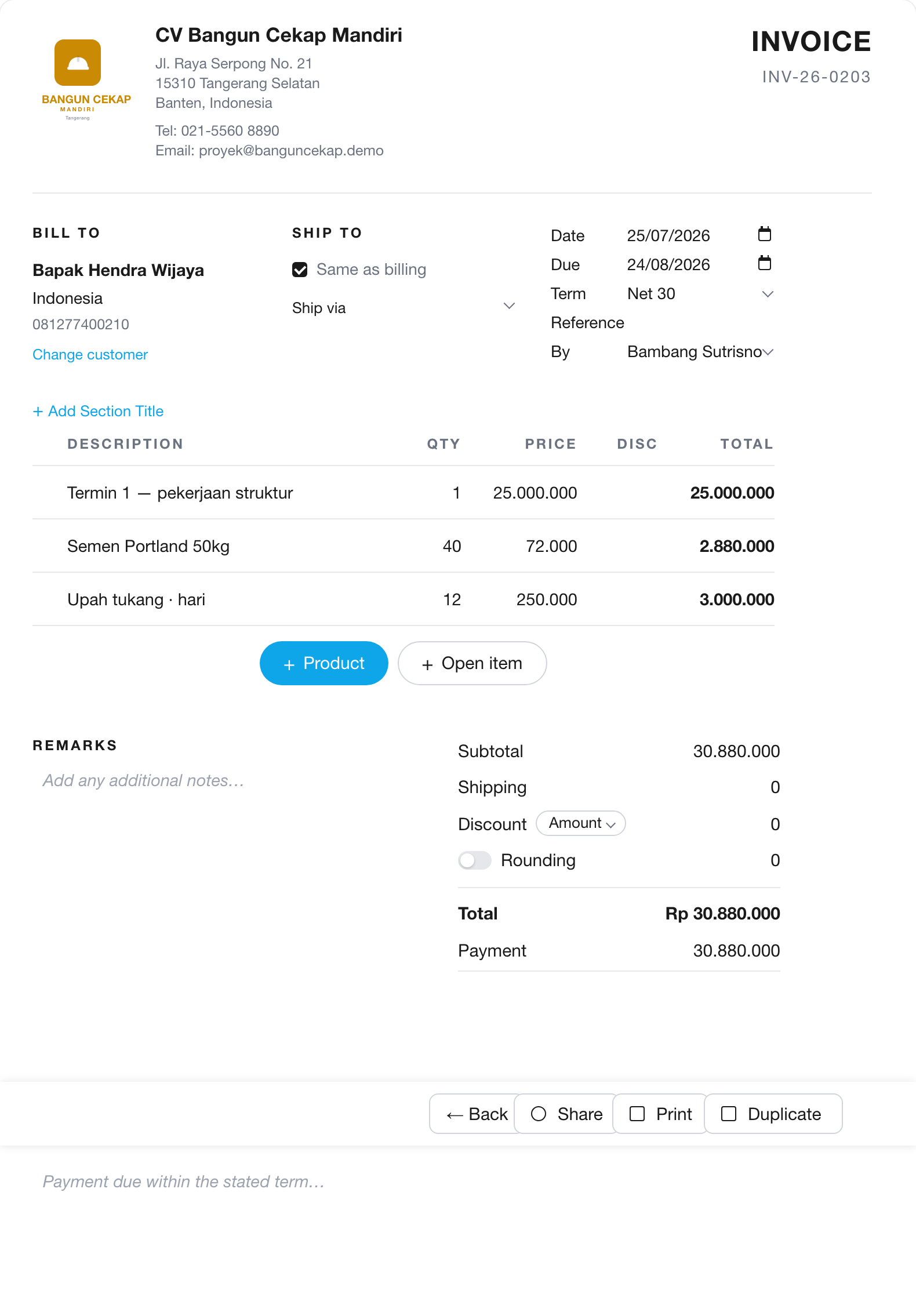Penawaran menang, satu tap jadi invoice — DP dicatat terpisah