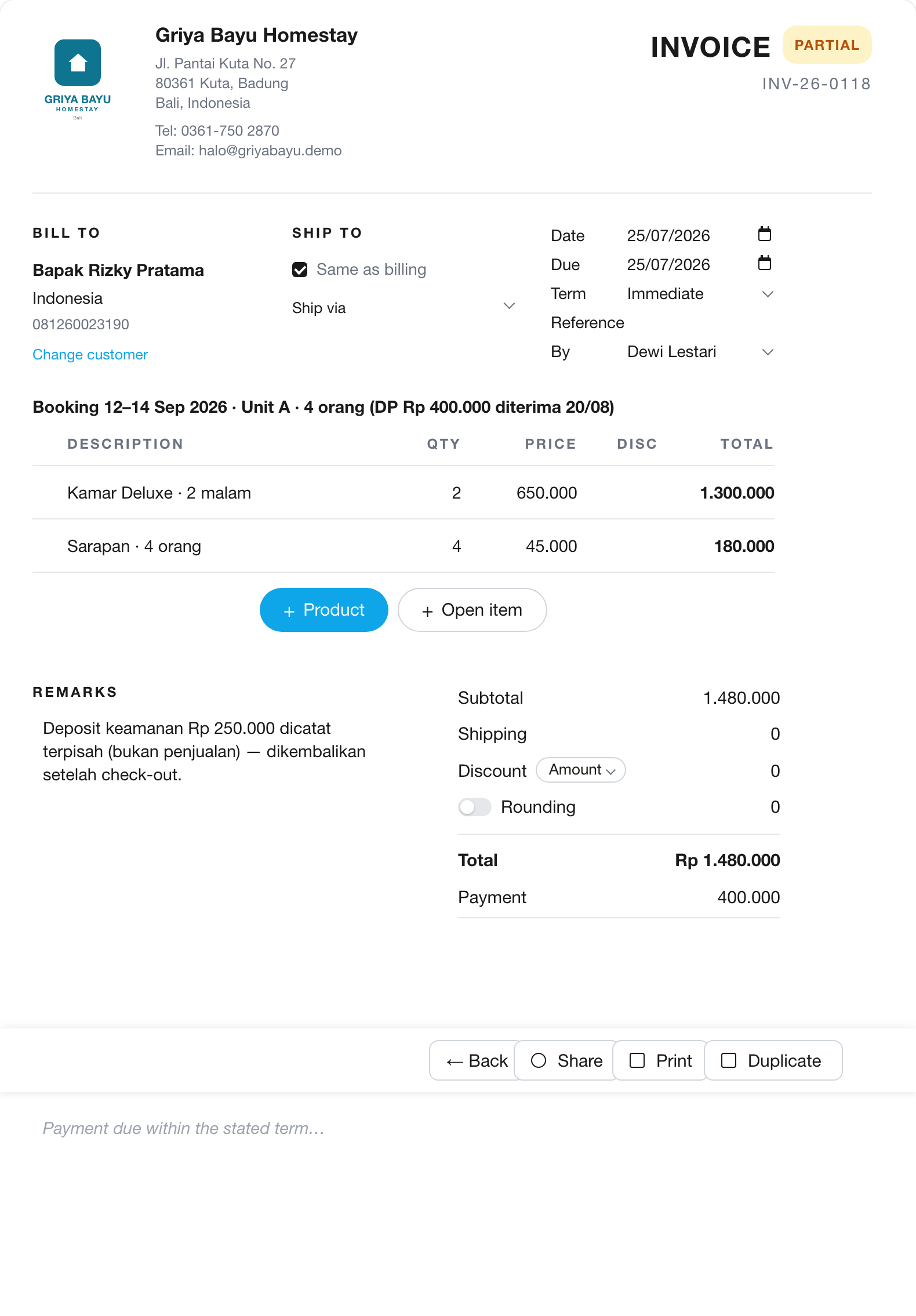 Booking WhatsApp jadi invoice — DP ngga kecampur lagi