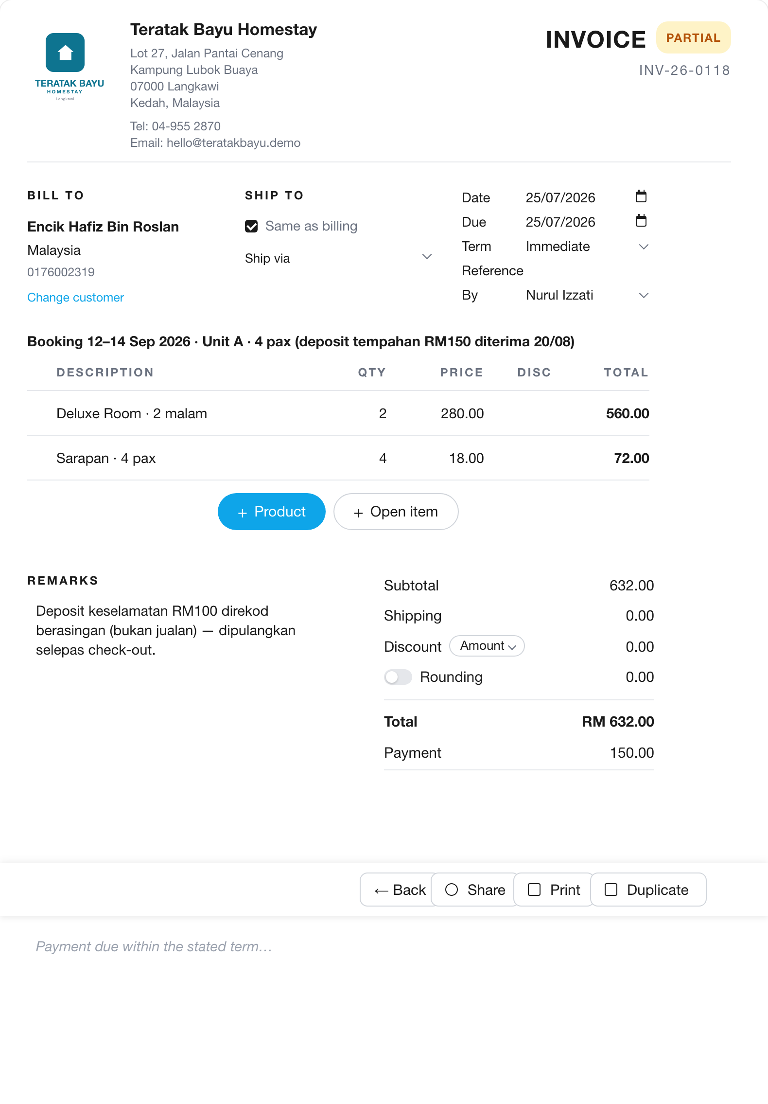 Booking WhatsApp jadi invois — deposit tak tercampur lagi