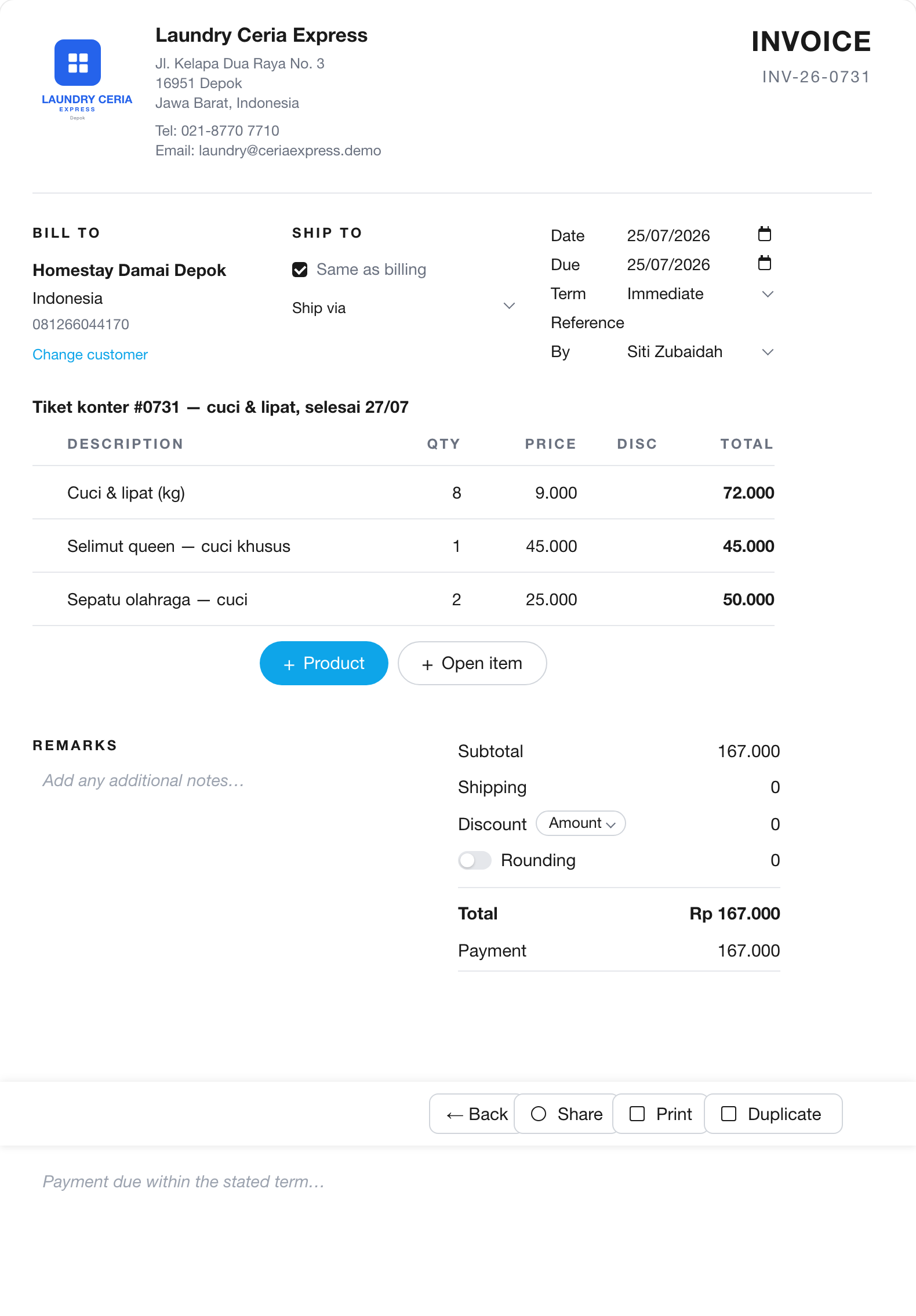 Kasir atau self-service — langsung jadi invoice penjualan