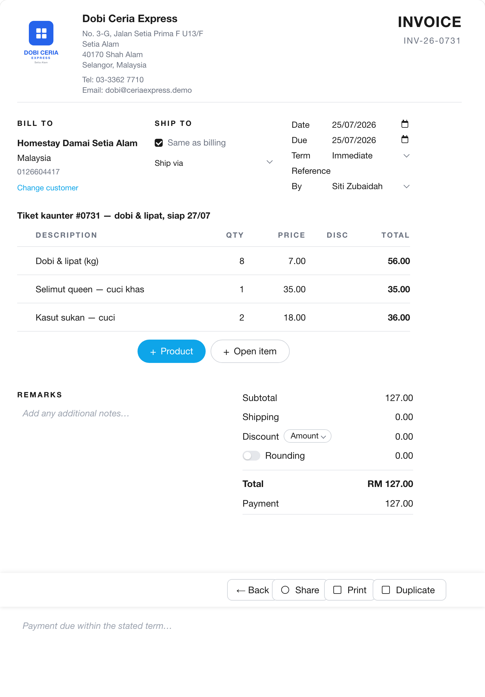Kaunter atau self-service — terus jadi invois jualan