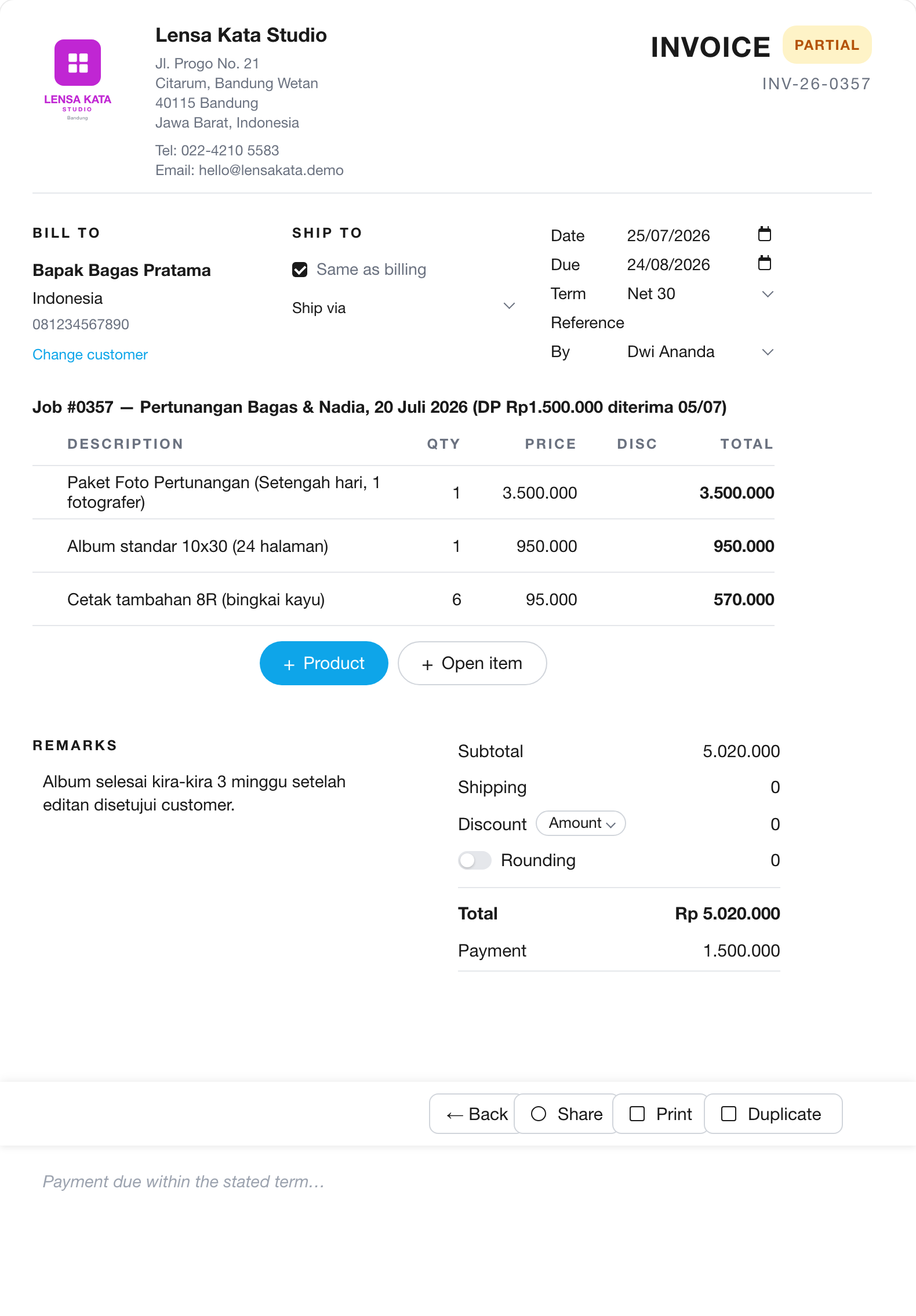 DP di invoice, kerjaan langsung mulai — sisanya pas hasil dikirim