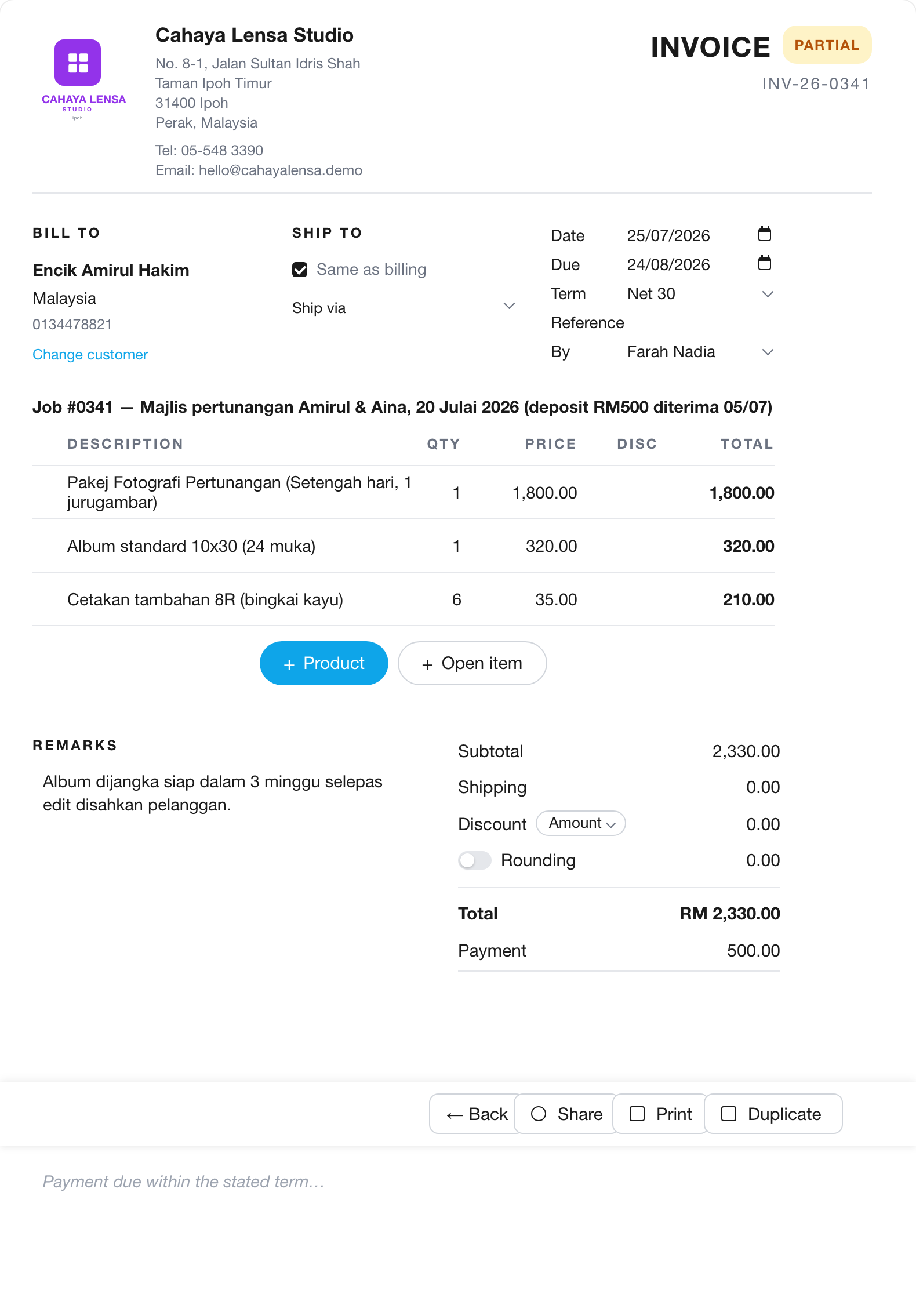 Deposit pada invois, kerja terus mula — baki bila kerja dihantar